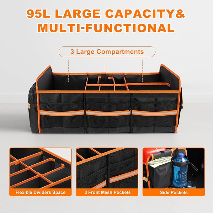 SKYJDM 95L Car Trunk Organizer with Removable Cooler Bag, Collapsible Trunk Storage Organizer with Removable Lid - Multi Compartment Waterproof Storage Organization, Fits Most Car, Truck, Orange
