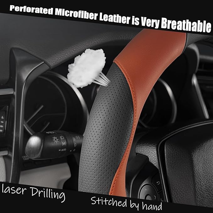 Mihecor Steering Wheel Cover Universal Standard Size 14.5-15 inch, Breathable Microfiber Leather, Anti-Slip, Soft Grip, Sporty Design, Fits for Cars SUVs Trucks, Black and Orange