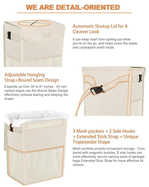 Car Trash Can with Lid, Cute Leakproof Car Trash Garbage Bag Hanging Vehicle Trash Bin Small Portable Automotive Garbage Cans Organizer for Back/Front Seat(4 Gallons,Beige)