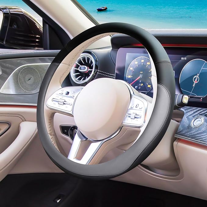 Gray Car Steering Wheel Cover, Nappa Leather, Bottom Color Blocking, Universal 14.5-15 Inch Leather Anti-Slip Breathable Auto Steering Wheel Covers for Men Women