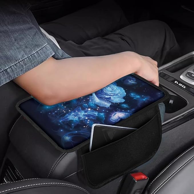 CLOHOMIN Blue Rose Car Armrest Center Console Cover Butterfly Vehicle Center Console Armrest Cover Pad for Most Cars Trucks SUVs Auto Interior Accessories Arm Rest Pad Cushion