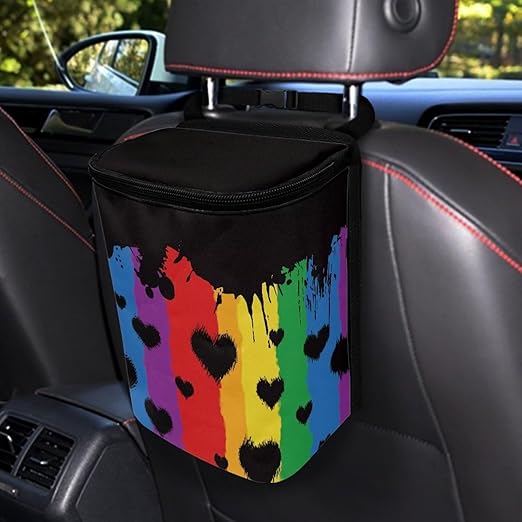 Rainbow Stripes Love Hearts Auto Car Trash Can Rainbow Flag LGBTQ Car Garbage Bag with Lid Washable Leak Proof Car Trash Bin Hanging for Women Men