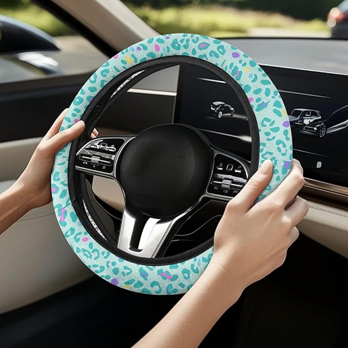 Universal Non-Slip Steering Wheel Cover, 15-inch Polyester Material Driving Accessories, Adjustable for Car and Truck(Mint Green Colorful Leopard)