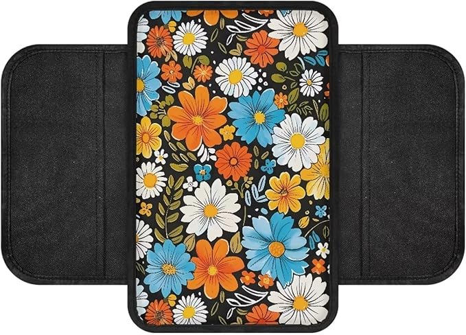 BIGCARJOB Hippie Daisy Print Center Console Cover for Cars Truck Interior Seat Accessories,Blossom Daisy Car Armrest Seat Box Cover Cushion with Side Storage,Universal Fit