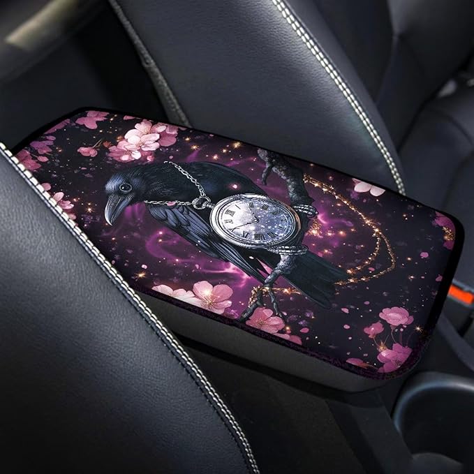 Raven Clock Print Armrest Cover Pad for Car Cherry Blossom Print Car Armrest Box Protector Pad Universal Fits for Sedan Truck SUV, Easy to Install Auto Decor for Women Men