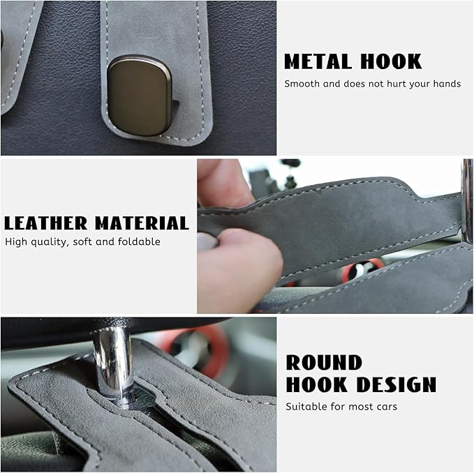 MROUEN 4 PCS Car Seat Back Storage Hooks, Car Hooks Purses and Bags Cute, Leather Seat Hooks, Purse Holder & Mobile Phone Holder, Bag, Purse Hanger