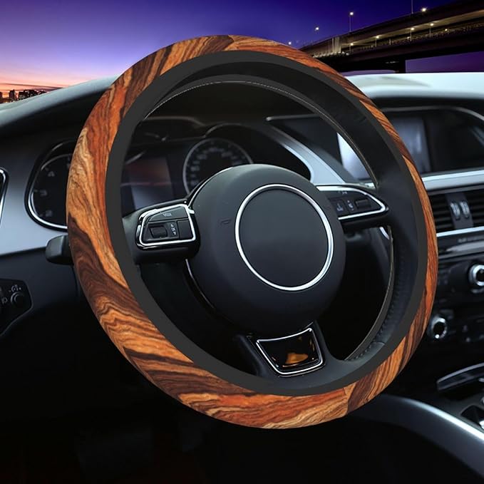 Wood Steering Wheel Cover Elastic Non-Slip Car Steering Wheel Covers with Seat Belt Shoulder Pad for Women Men