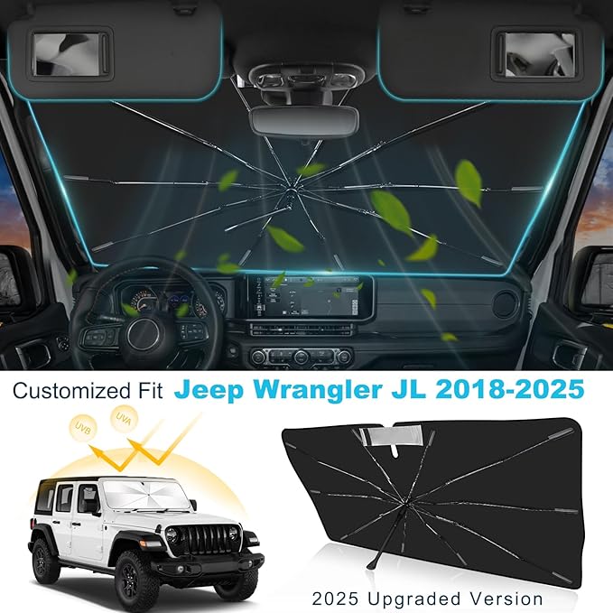 2025 Upgrade Windshield Sun Shade Umbrella Custom Fit for Jeep Wrangler JL 2018-2025 Foldable UV Protection Car Cover, Emergency Rain Shield & Dashboard Protector - Durable Auto Accessory
