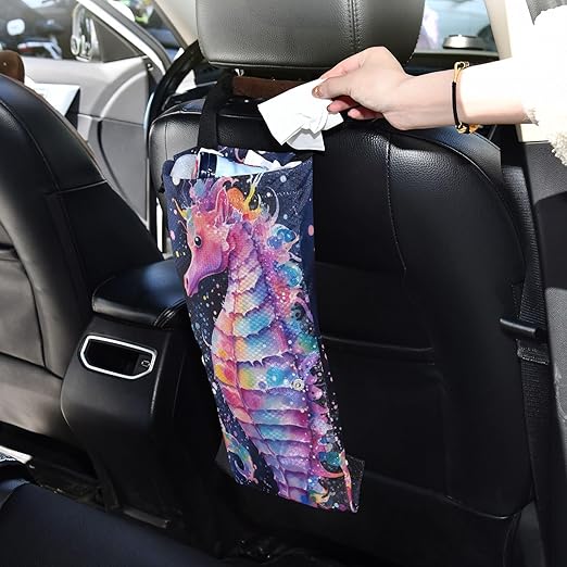 ALAZA Hanging Car Trash Bags Garbage Bag Trash Can for Back Seat Small Sea Horse 2 Washable Storage Bag Retractable 2 Pack