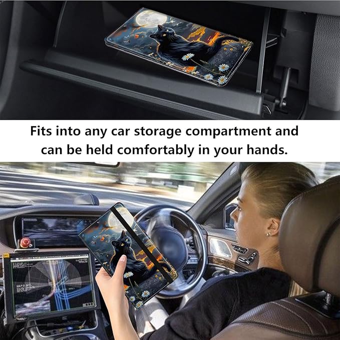 Qindaiwen Car Registration and Insurance Holder, Vehicle Card Document Elastic Band Closure Glove Box Organizer, Driver License Cards, Car Accessories for Essential Info, Cat Moon 02
