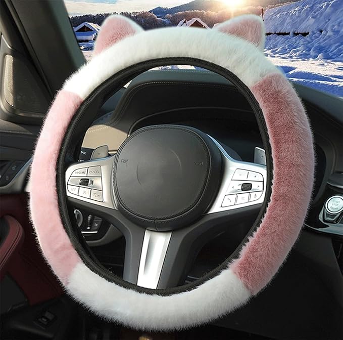 Car Steering Wheel Cover with Cat Ears Winter Warm Fuzzy Steering Wheel Protector Car Accessories Interior Decorations (Pink+White)