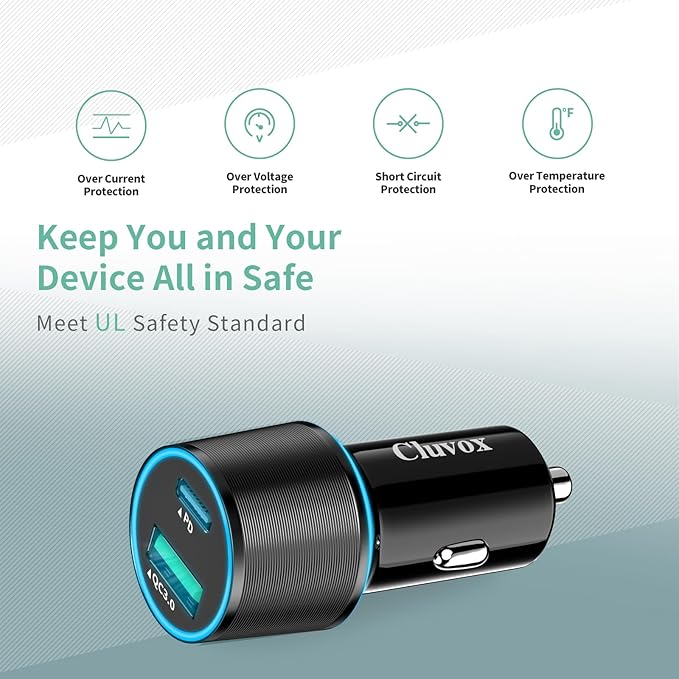 38W USB C Car Charger Adapter, 20W Fast USBC & 18W Rapid QC3.0 Ports, 12V Cigarette Lighter Adapter, Type C Auto Plug Outlet Accessories for iPhone 17 16 15 14, Google Samsung S26, Android Cell Phone