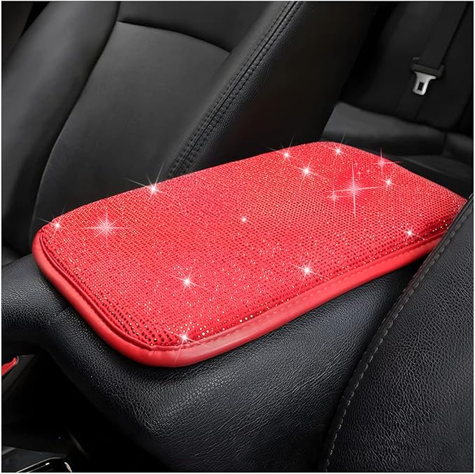 Moly Magnolia Bling Center Console Cover, Diamond Fashion ArmRest Pad, Crystal Soft Arm Rest Protective Cushion, Car Accessories for Women Girls, 11.8"×8.5" for Most of Vehicles, SUVs, Trucks (Red)
