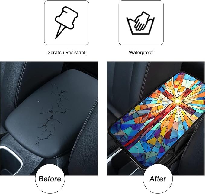JANENFNA Car Armrest Cover Pads Universal Fashion Cute Auto Center Console Armrest Cover Pad with 2PCS Car Coasters Soft Waterproof Car Armrest Seat Protector for Women,Stained Glass Cross