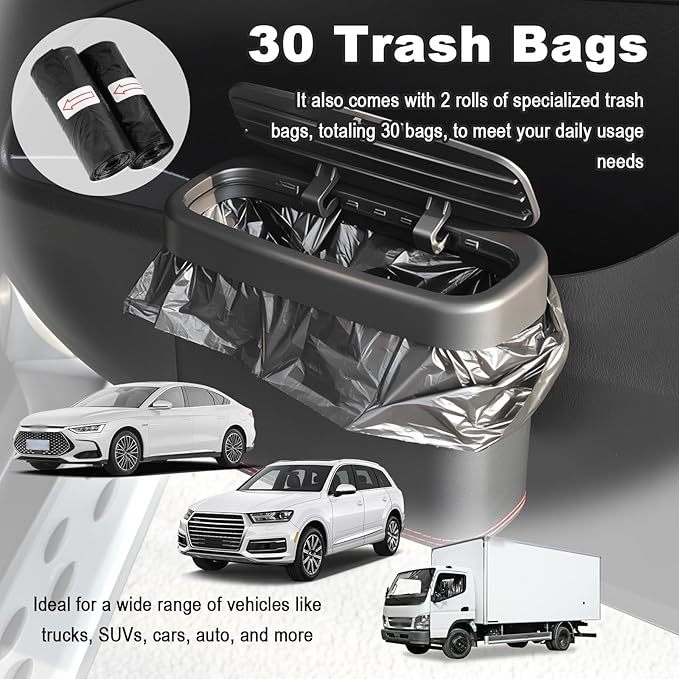 Push-Top Car Trash Can with Lid and Hanging Clip,Small Leather Car Garbage Can with 30 Trash Bags,Multi-Purpose Leakproof Cars Trashes Bin Cars Accessories for SUV,Truck,Auto