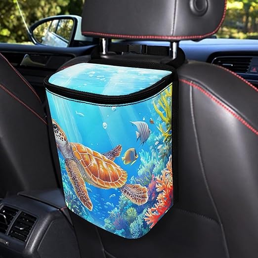 Talayituse Turtle Fish Water Plants Print Car Trash Can with Lid, Leak Proof Auto Trash Bag Hanging Vehicle Garbage Can Multipurpose Storage Container for Back Seat Road Trip