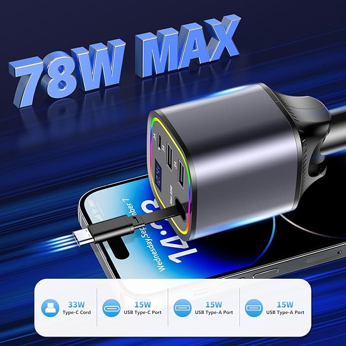 Retractable Car Charger, 4 in 1 Fast Car Charger 78W, with Type C, 2 USB-A Ports and 1 USB-C Port for Fast Charging, Compatible with iPhone 16/15/14/13/12/11, Galaxy, Pixel (Grey)