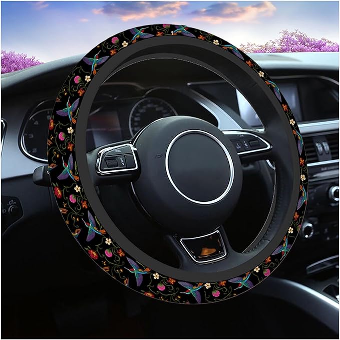 Swono Hummingbirds and Flower Car Steering Wheel Covers for Men Women,Hummingbirds Flowers Embroidery Car Accessories Decor 15" Steering Wheel Cushions Comfort Grip Neoprene Stretch-On Anti-Slip Case