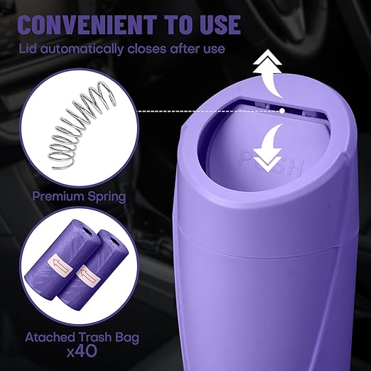 SGLRT Car Trash Can Bin with Lid-2 Packs Car Garbage Can Cup Holder-Purple Mini Leakproof Vehicle Garbage Bin with 40pcs Trash Bags-Automotive Organizers and Storage for Front Back Seat Accessories