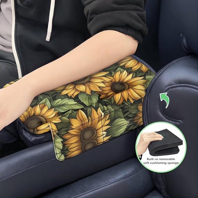 Dreaweet Car Center Console Cover with Pockets Vintage Sunflower Print Car Accessories Soft Thick Car Arm Rest Cover Pad Universal Armrest Cover for Car Truck SUV Van