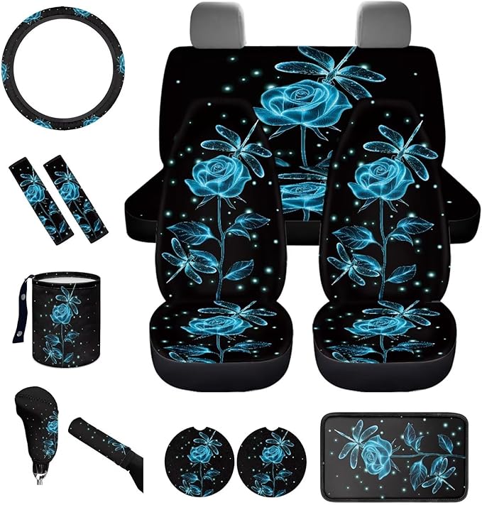 Dngkaoje Blue Rose Dragonfly Car Seat Cover Full Set for Front and Back,13 Pcs Automotive Accessories Set Romantic Rose Print Armrest Cover Protector, Seat Belt Pads,Handbrake Shift Covers