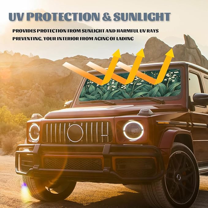 Flowers Car Window Sun Shield White Lily of The Valley Green Botanical Front Window Sun Shade Blocks UV Rays Sun Visor Protector for Car Sedan Truck SUV Accessories 59" L x 31.5" W