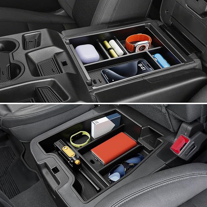 Wexyldra Center Console Organizer, 2PCS Storage Tray Compatible with 2019-2025 Chevy Silverado/GMC Sierra 1500 & 2020-2025 Chevy Silverado/Sierra 2500HD 3500HD (Split-Bench Folding Seat)-Black