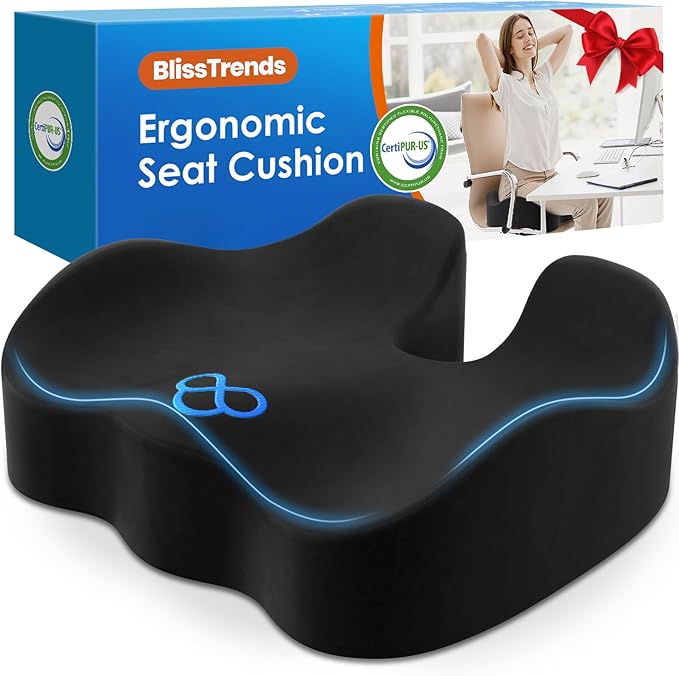 BlissTrends Seat Cushion,Thick Memory Foam Cushions for Office Chair, Car Seat, Airplane, Relieving Pressure Tailbone Sciatica Back Pain for Long Sitting Office Workers, Car Drivers 4.7in Thick Black