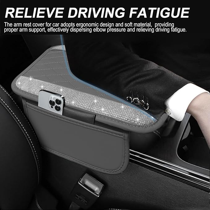 NBTEPEM Bling Gray Car Center Console Cover, Leather Car Arm Rest Cover with 2 Storage Bags, Universal Auto Armrest Protector Storage Box, Bling Accessories Interior for Most Vehicles