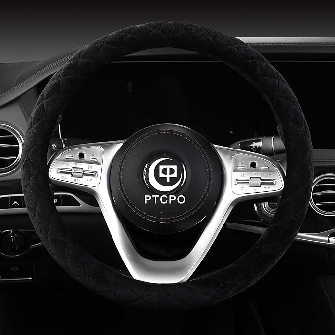 Soft Car Steering Wheel Cover for Sedan, SUV, Warm Luxury Velvet, Odorless, Universal, Anti Slip, Summer Winter, Black, Large Size[15" 1/2-16"](39-41cm)