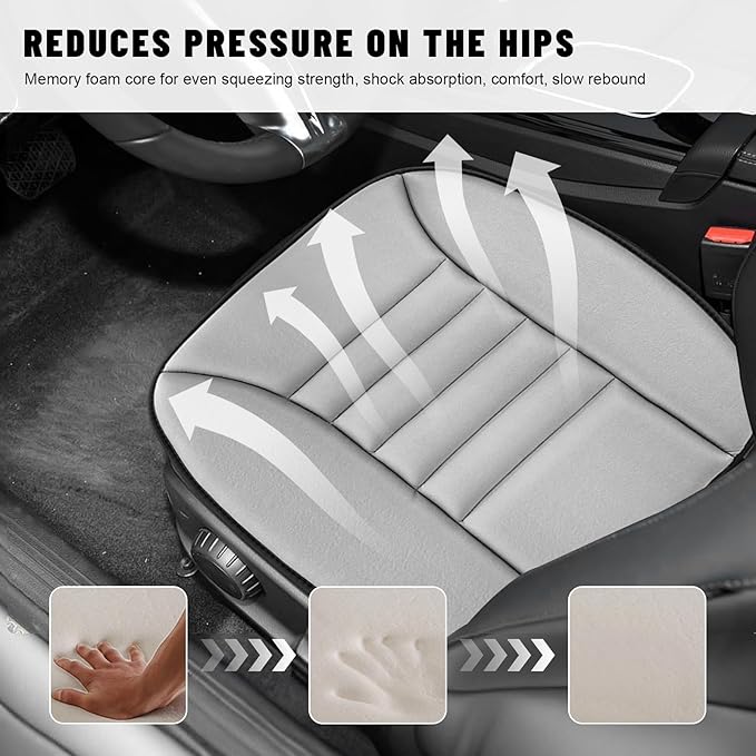 Sun Walker Car Seat Cushion, 1.2" Thick Memory Foam Auto Seat Protector Pressure Relief Pad, Nonslip Bottom Mat Comfort Driving Seats Cover for Truck SUV Sedan, Car Accessories (Gray)