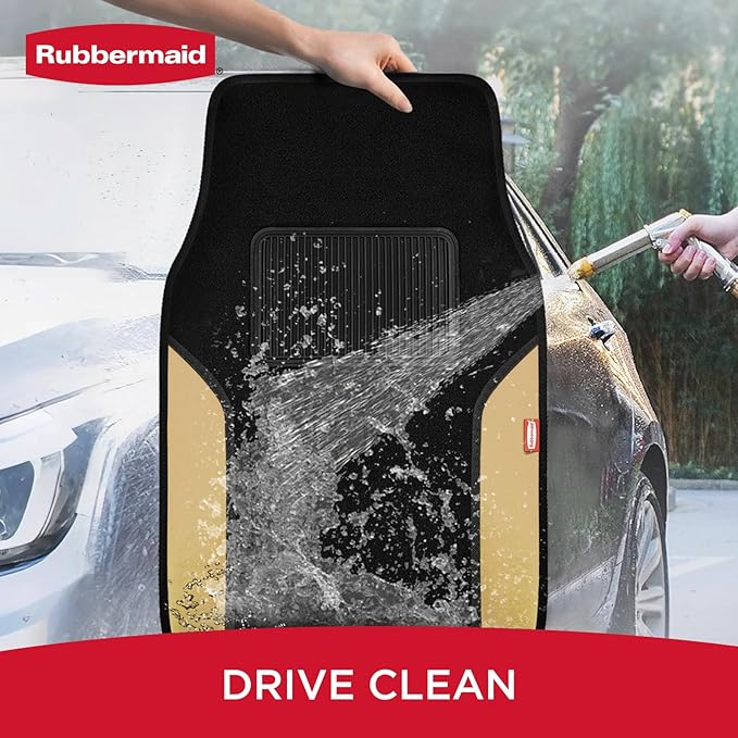 Rubbermaid Car Mats, Carpeted Floor Car Mat with Faux Leather & Built-in Heel Pad, Two-Tone Car Rug Floor Mats, Stylish Carpeted Floor Mats for Cars, Trucks & SUVs Beige Color