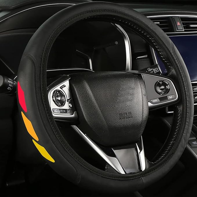 Tri-Color 3 Color Logo Steering Wheel Cover, Elastic Steering Wheel Cover Protector Anti-Slip Durable Universal 15 Inch Compatible with Toyota Vehicle Truck SUV. (Yellow Red A1)