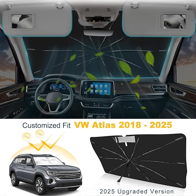 2025 Upgrade Windshield Sun Shade Umbrella Custom Fit VW Atlas 2018-2024 2025 Foldable UV Protection Car Cover, Emergency Rain Shield & Dashboard Protector - Durable Auto Accessory