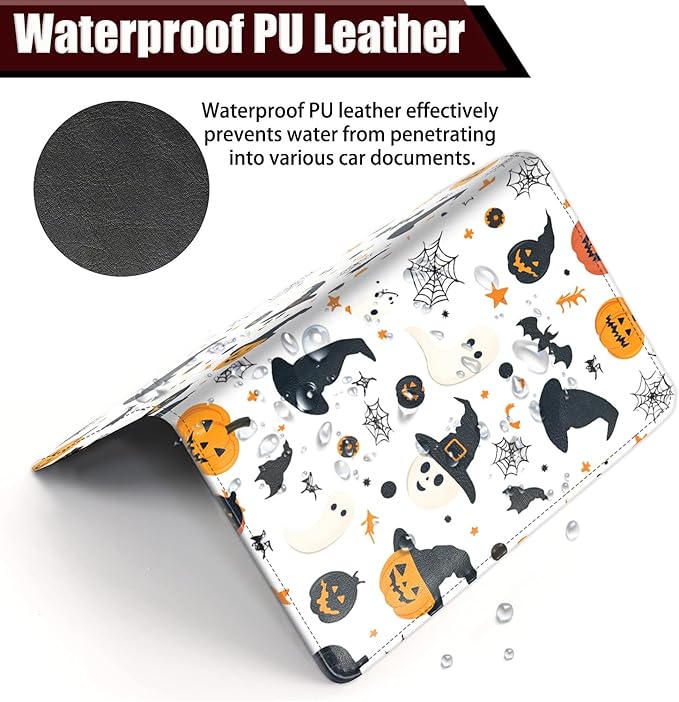 Car Registration Holder, PU Leather Vehicle Glove Box Organizer for Driver License, Document, Car Insurance Holder with Magnetic Shut, Auto Paperwork Wallet Accessories, Halloween Pumpkin + Witch Hat