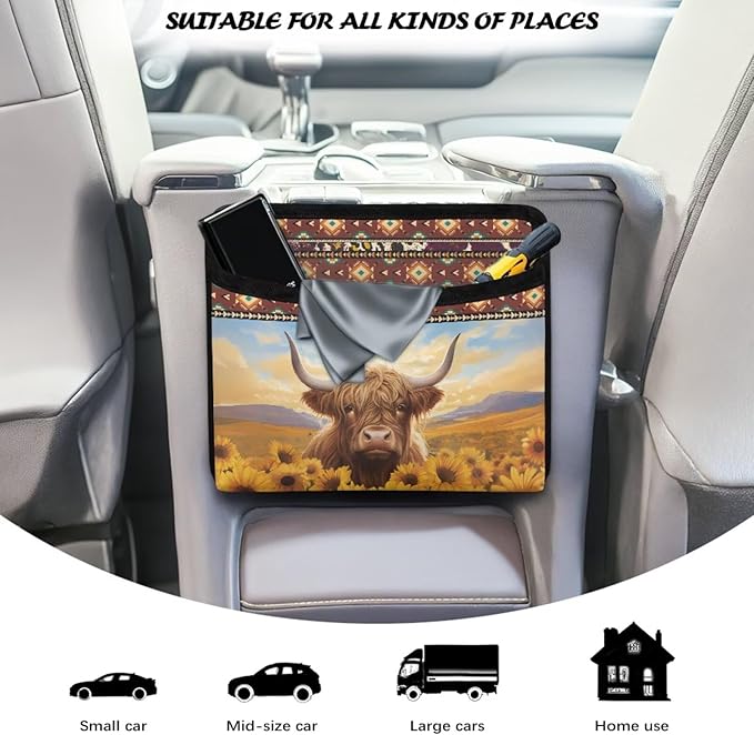 Aztec Highland Cow Car Side Pocket Organizer Universal Car Seat Side Pocket Pouch Auto Console Door Organizer Bag Holder for Phone Sunglasses Keys Multifunction for Most Cars SUV