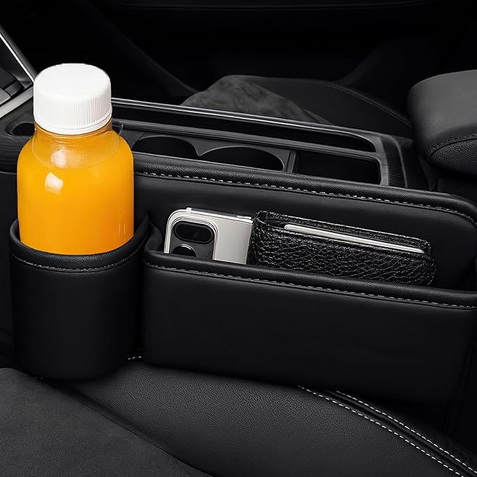 Toyosport 2 Pcs Car Seat Gap Filler Organizer, Leather Storage Box with Cup Holder, Cable Hole, Clutter Catcher for Cars, Black Seat Gap Storage Pockets for Driver and Passenger Seats