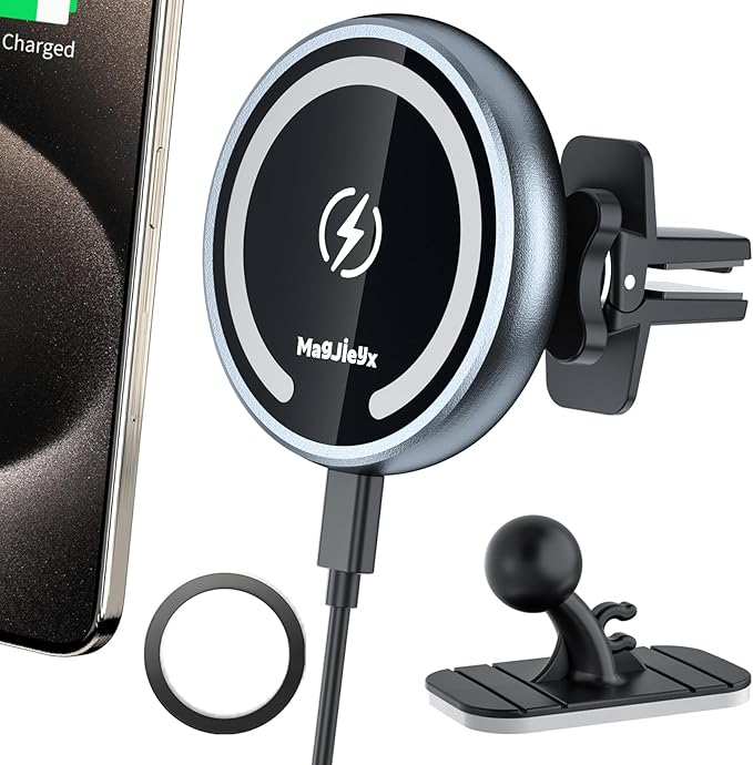 Magjieyx for Magsafe Car Mount Wireless Charger Magnetic Fast Charging Compatible with iPhone 16,15,14,13,12,Pro Max,Mini,Magsafe Case, Air Vent and Stick On Dashboard Car Phone Holder