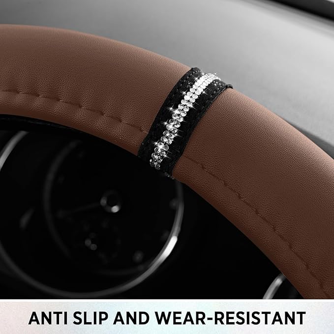 Road Comforts Leopard Steering Wheel Cover - Made with PVC Leather Cheetah Print, D-Shaped Automotive Steering Wheels - Anti-Slip, Universal Fit 14 1/2 inches to 15 inches - Brown