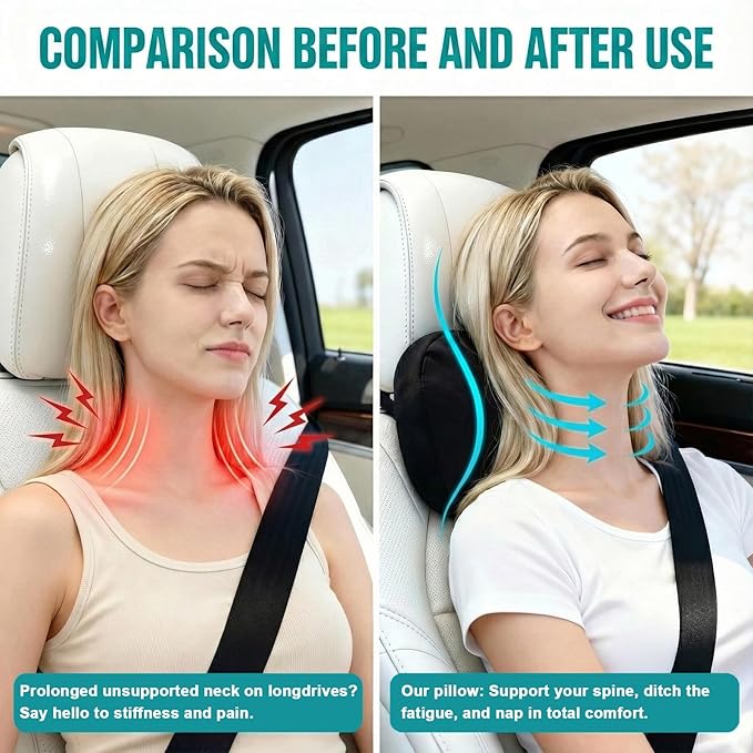 2PCS Car Pillow for Car Neck Pillow for Driving Seat Leather Neck Support Soft Cushion Back Support Head-Rests for Vehicle Sleeping with Elastic Adjustment Strap (Grey, Head and Lumbar)