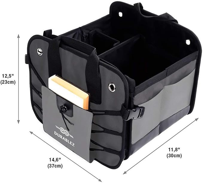 DURABLEZ Compact Car Trunk Organizer 2-Section – Grocery, Tools, Cleaning Supplies Storage – Foldable Dual-Compartment Cargo Bin with Cover Net – Gray