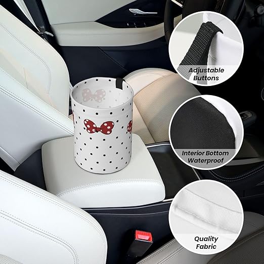 Cute White Polka Dots Red Bow Car Trash Can Garbage Cans Foldable,Small Hanging Car Organizer Storage Bag Leak Proof, Auto Back Seat Trash Bin Universal for Truck, SUV, Outdoor Travel