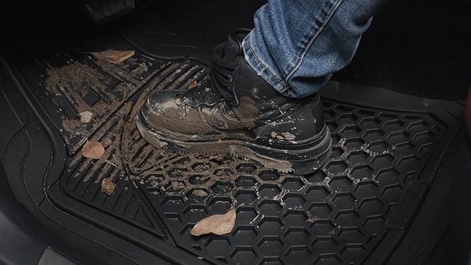 Amazon Basics Heavy Duty Thick PVC Car Floor Mats, Anti-Slip, Easy to Clean, Universal Trim-to-Fit All-Weather for Automotive SUV Sedans Trucks, 4-Piece, Solid Black
