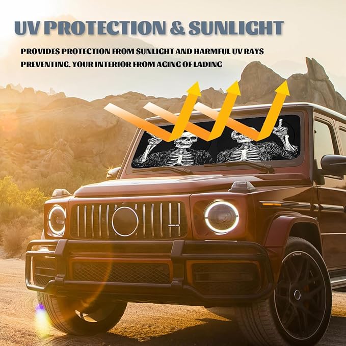 Funny Skull Car Windshield Sunshades Retro Rock Gesture Skull Halloween Front Window Sun Shade Blocks UV Rays Sun Visor Protector for Car Sedan Truck SUV Accessories 59" L x 31.5" W
