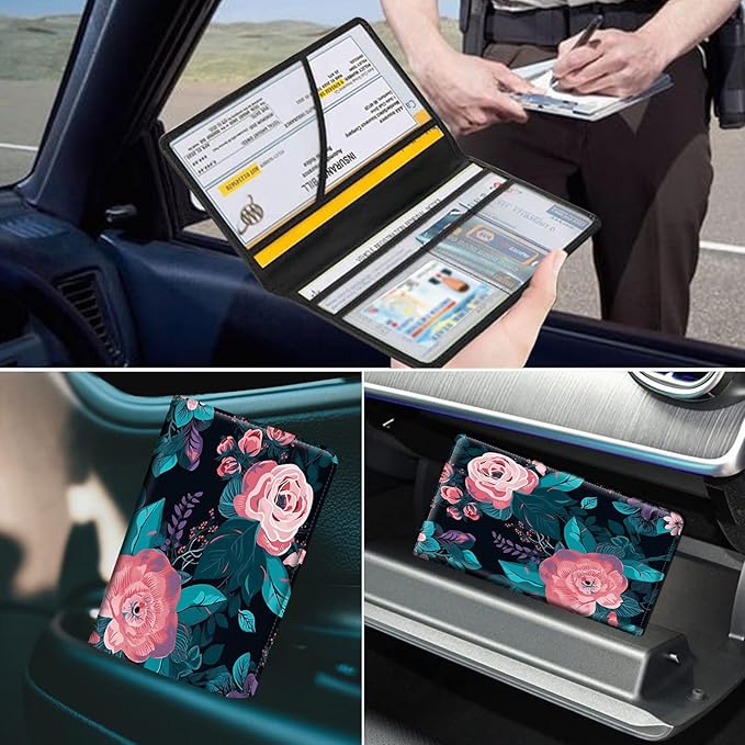 Mxfdegf Car Registration and Insurance Holder, Leather Car Glove Box Organizer, Cool Car Accessories for ID, Driver's License Cards & Essential Document,business cards,Men&Women,Pink Flowers