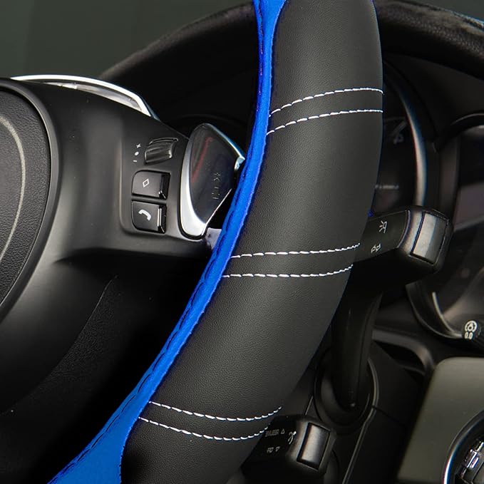 CAR PASS Line Rider Microfiber 15.5-16 Inch Leather Sporty Steering Wheel Cover Universal Fits for Truck SUV Cars Pick up, Anti-Slip Safety Comfortable Design (Black and Blue)