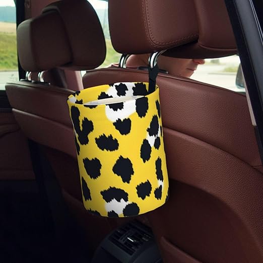 Car Trash Can Hanging, Yellow Leopard Print Waterproof Auto Garbage Bin Universal Vehicle Waste Container, 3.5L Capacity