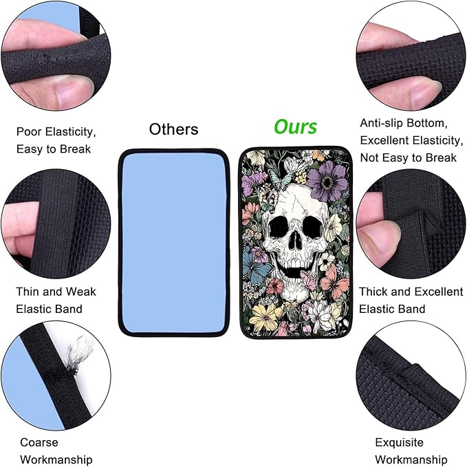 JANENFNA Car Armrest Cover Pads Universal Fashion Cute Auto Center Console Armrest Cover Pad with 2PCS Car Coasters Soft Waterproof Car Armrest Seat Protector for Women,Flower Bush Skull