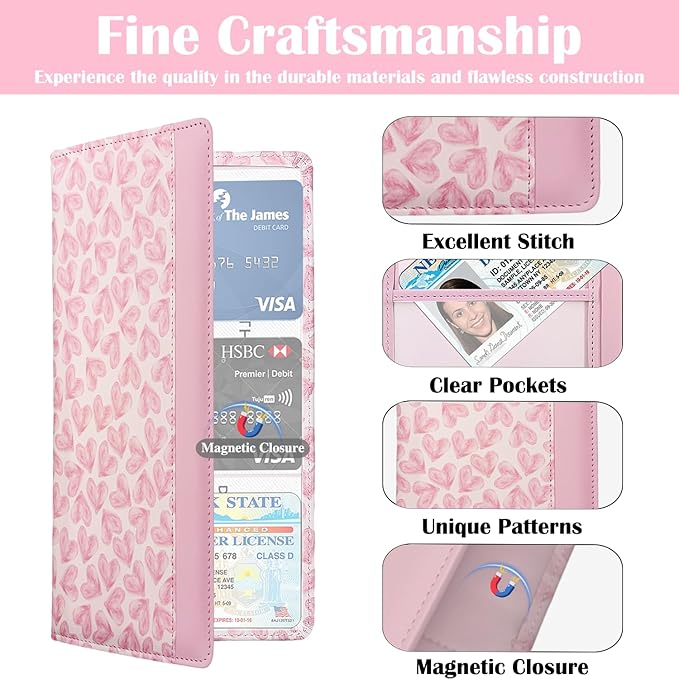 FinestHouse Car Registration and Insurance Holder with Magnetic Closure, Universal Document Organizer for License, Insurance Cards & Glove Box Storage (Heart-Pink)