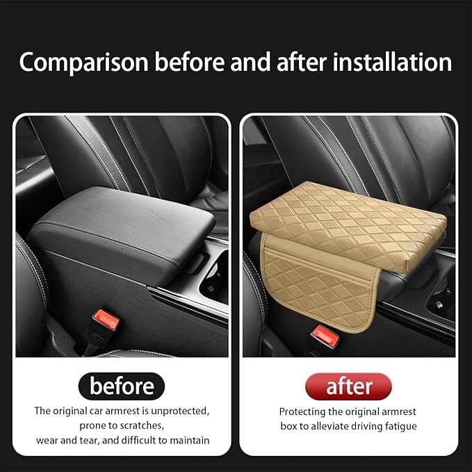 Car Center Console Cover, Leather Vehicle Armrest Pad with 2 Side Storage Bags, Comfortable Auto Interior Middle Console Storage Box Cushion Accessories, Universal for Most Cars (Beige-1)